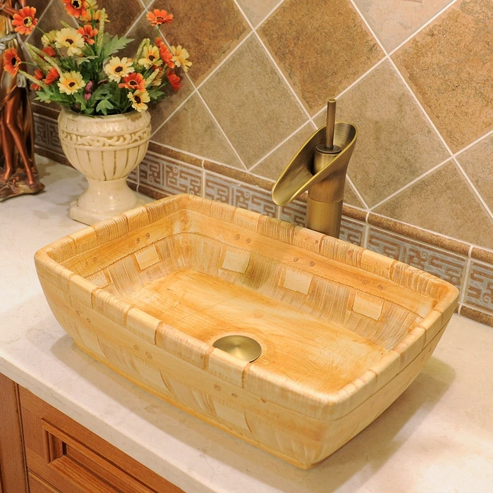 

Rectangular Handmade Primitive Style Stone Like Porcelain Countertop Lavabo Bathroom Sink vintage vanity sink