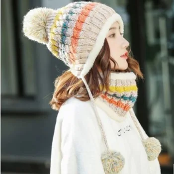 MAERSHEI 2020 겨울 모자, 여성용 니트, 벨벳, 두꺼운 와일드 헤어, 볼 캡, 칼라 세트, 따뜻한 대비, 한국어 버전