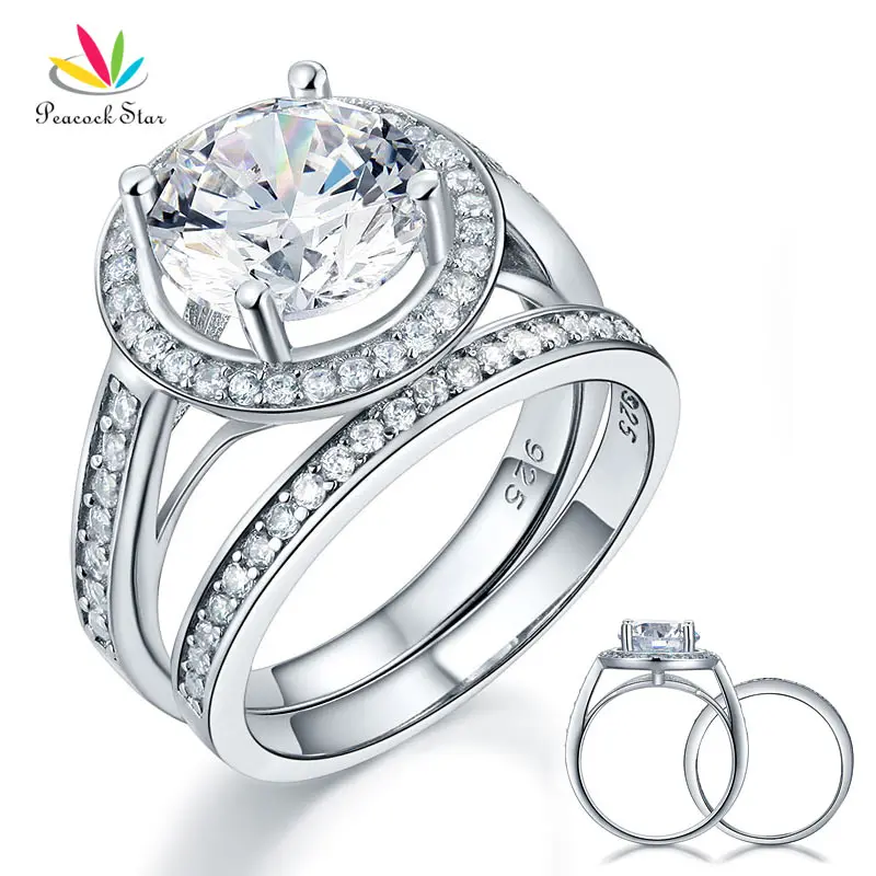 

Peacock Star Luxury Solid 925 Sterling Silver Bridal Promise Engagement Ring Set Halo 3.5 Ct CFR8240
