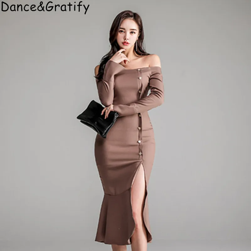 New 2019 Korean Women Slim Bodycon Mermaid Dress Off Shoulder Midi Night Club Dress Party Robe Sexy Moulante clubwear
New 2019 Korean Women Slim Bodycon Mermaid Dress Off Shoulder Midi Night Club Dress Party Robe Sexy Moulante clubwear