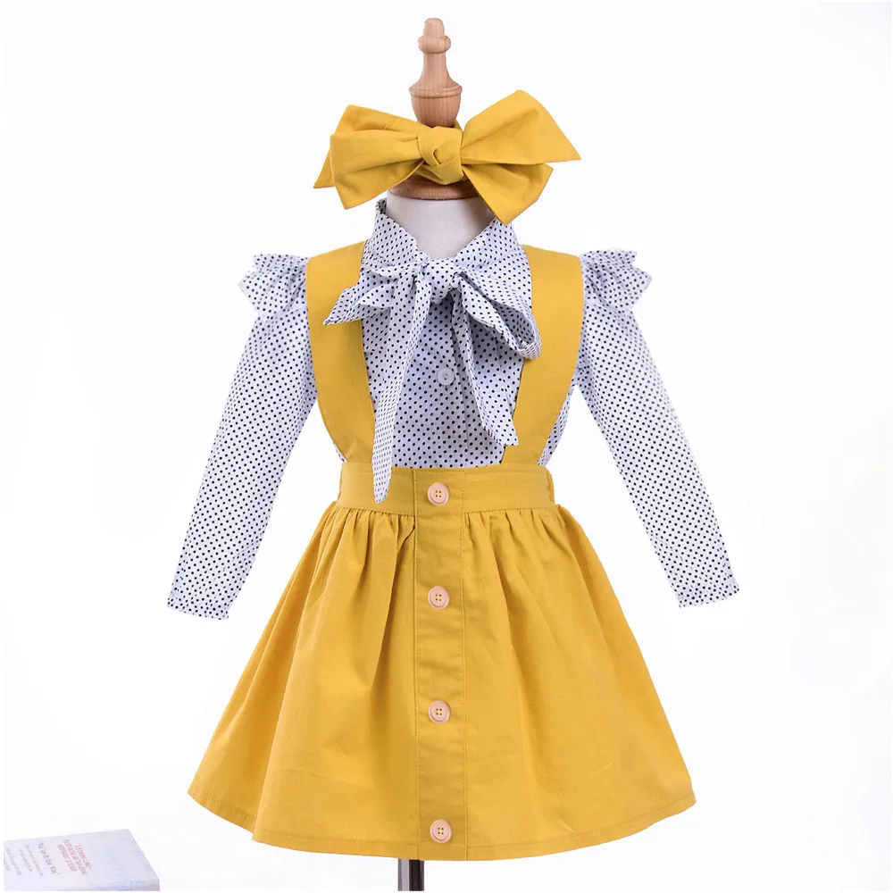 3Pcs Toddler Infant Baby Girls Long Sleeve British Style Children's Polka Dot Print Shirt Top + Strap Skirt + Yellow Hair Stra
3Pcs Toddler Infant Baby Girls Long Sleeve British Style Children's Polka Dot Print Shirt Top + Strap Skirt + Yellow Hair Stra