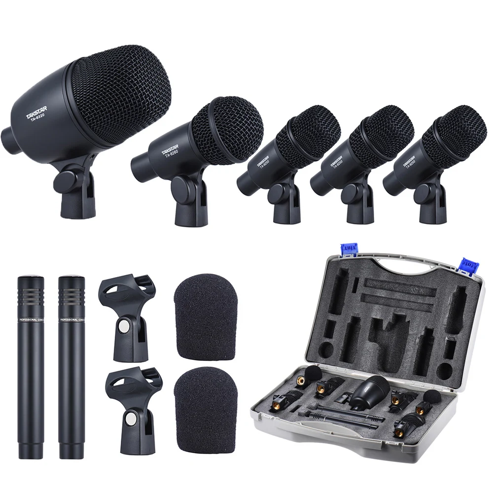 Professional Wired Microphone Mic Kit with 1 Drum Microphone 4 Small Drum Microphones 2 Condenser Microphones with Carrying Case
Professional Wired Microphone Mic Kit with 1 Drum Microphone 4 Small Drum Microphones 2 Condenser Microphones with Carrying Case