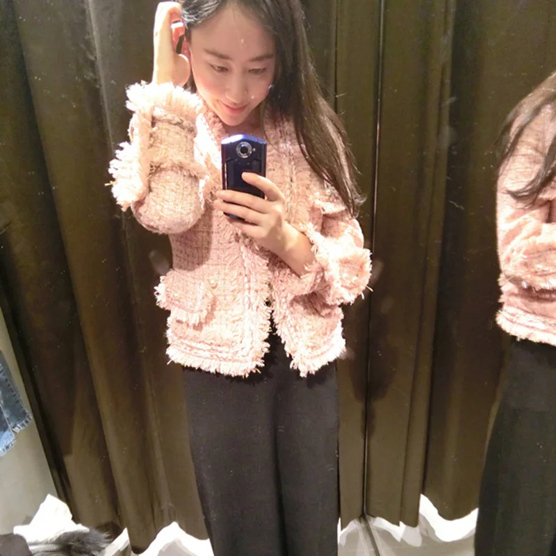White tweed coat 2019 spring/autumn womenS woolen long-sleeve slim tassel pearl button elegant runway OL jacket top quality | Женская