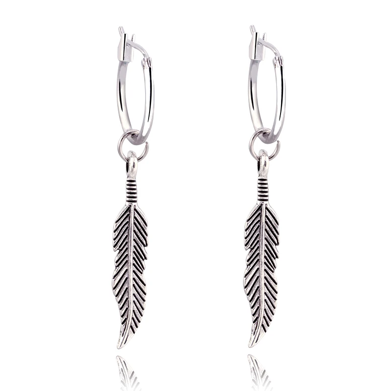 

1pair Ethnic Vintage Silver Color Feather Pandent Hoop Earrings For Women Circle Earring Hoops Earing Aretes Jewelry E71