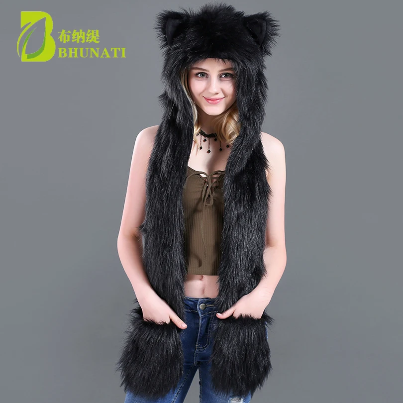 

2024 Black Hood Cute Animal Faux Fur Hat Women's Winter Plush Hat Multi-Purpose Warm And Comfortable Hat