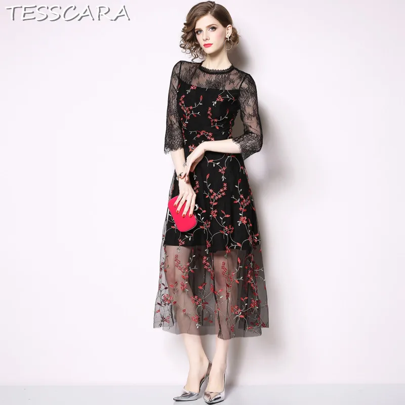 TESSCARA Women Elegant Embroidery Mesh Dress Female Long Lace Robe Femme High Quality Vintage Designer Office Party Vestidos
TESSCARA Women Elegant Embroidery Mesh Dress Female Long Lace Robe Femme High Quality Vintage Designer Office Party Vestidos