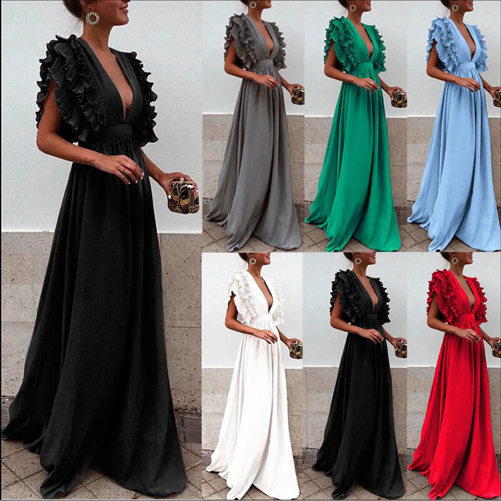 Women's large size solid color retro flying sleeves back hollow V-neck long dress loose party dress
Women's large size solid color retro flying sleeves back hollow V-neck long dress loose party dress