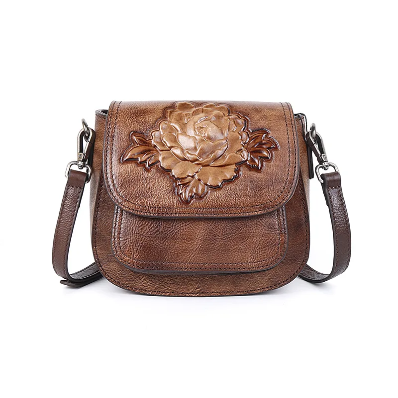 Женская сумка мессенджер из натуральной кожи с цветочным принтом