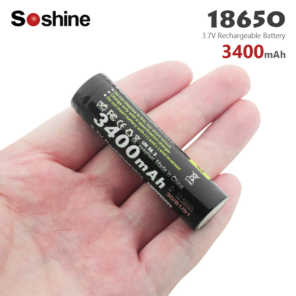 

Soshine 3.7V 18650 Rechargeable Lithium Battery electronic cigarette battery power large current With PCB 3400mAh High Capacity