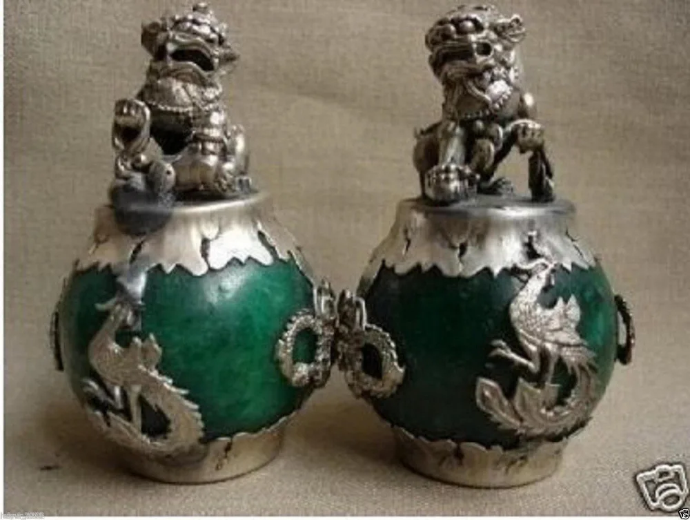 A Pair CHINESE PAIR OF Tibet SILVER DRAGON Green JADE Foo dog STATUE Lion 2pcs Garden Decoration Bronze
A Pair CHINESE PAIR OF Tibet SILVER DRAGON Green JADE Foo dog STATUE Lion 2pcs Garden Decoration Bronze