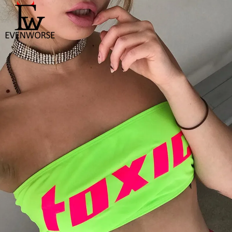 

Evenworse neon green TOXIC letters print Sexy crop tops 2019 summer women fasion club party streetwear tank tops strapless