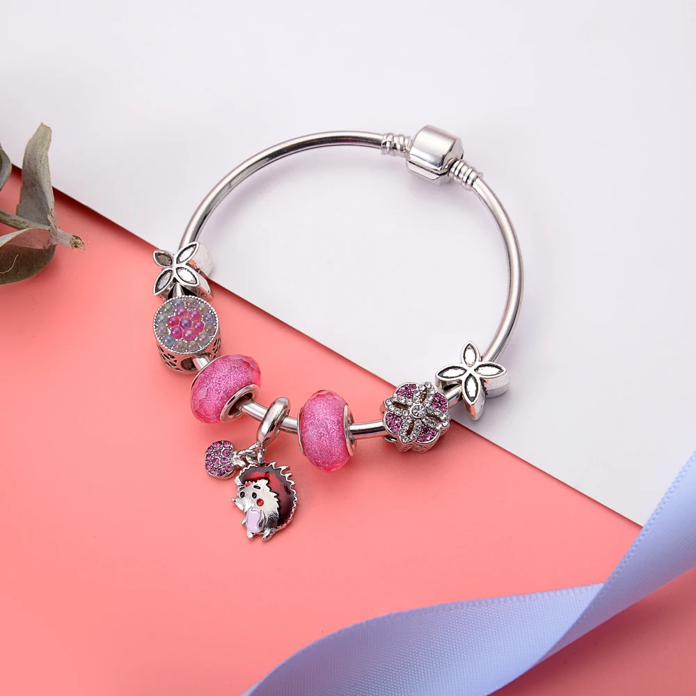cute animal European beaded bracelets&bangles for women silver plated inital heart original women's bracelets hanging Hedgehog |