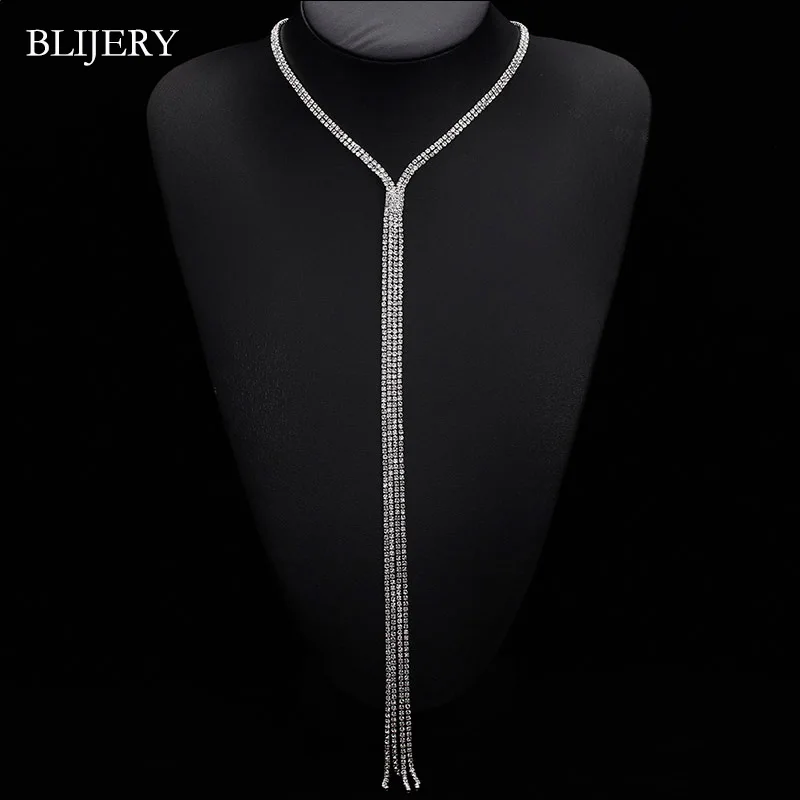 

BLIJERY Trendy Fashion Shining Rhinestone Crystal Choker Necklace Statement Long Tassels Collar Chokers Necklaces For Women Gift