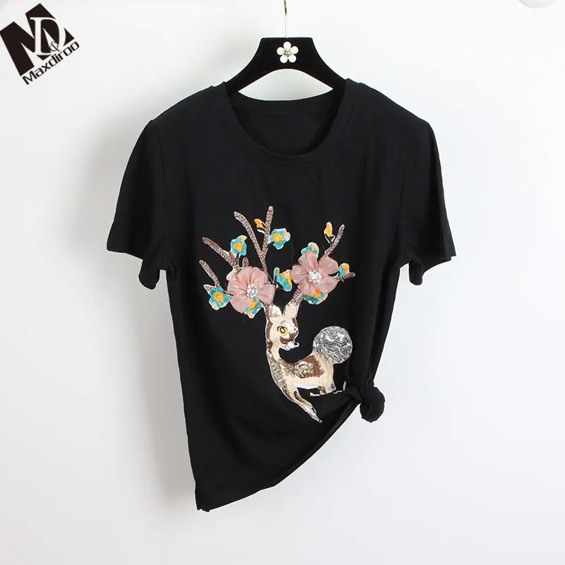 MAXDIROO Women Summer Fahion Short Sleeve Animal Embroidery 3d Lace Flowers Tops And Tees Women Glitter Sequined Tshirt Mujer
MAXDIROO Women Summer Fahion Short Sleeve Animal Embroidery 3d Lace Flowers Tops And Tees Women Glitter Sequined Tshirt Mujer