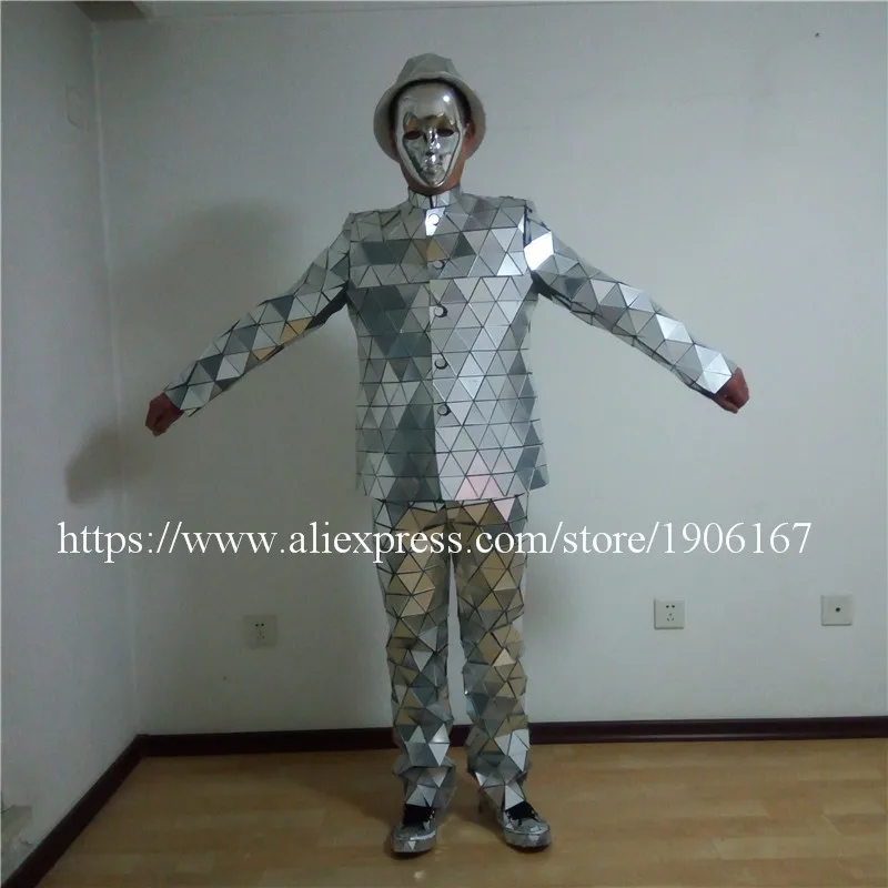 Catwalk Shows Men Silver Color Stage Ballrooom Costume Mirror Man Clothing Party Christmas Performance DJ Singer Clothes Suit01
