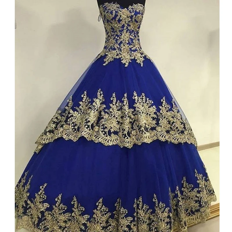 Custom Made Blue Gold Appliques Quinceanera Dresses Sweetheart Lace Up Back Sweet 15 Dress Floor Length Tulle Prom Dress 2018
Custom Made Blue Gold Appliques Quinceanera Dresses Sweetheart Lace Up Back Sweet 15 Dress Floor Length Tulle Prom Dress 2018