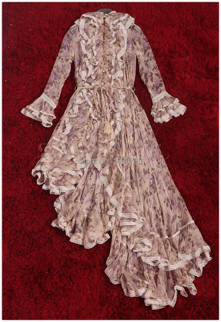 100% silk WISHBOP 2017 Luxury lavender Floral Print Asymmetrical Dress Ruffles detail with Lace Trim Long Sleeves Layered cuffs
100% silk WISHBOP 2017 Luxury lavender Floral Print Asymmetrical Dress Ruffles detail with Lace Trim Long Sleeves Layered cuffs
