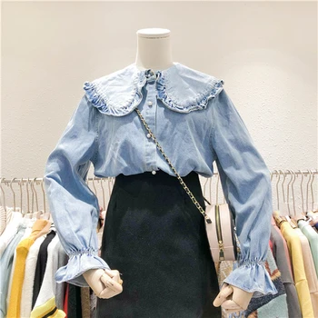 Sweet Lolita Casual Hippie Boho Harajuku Flare Sleeve Ruffle Cotton Pearl Button Denim Blue Jeans Shirt Blouse Women Spring Tops
Sweet Lolita Casual Hippie Boho Harajuku Flare Sleeve Ruffle Cotton Pearl Button Denim Blue Jeans Shirt Blouse Women Spring Tops