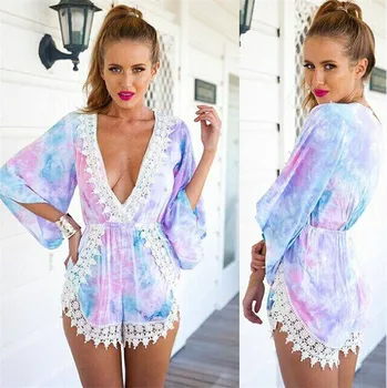 

2016 Fashion Beach Wear Lace Floral Shorts Jumpsuits Playsuit Irregular Crochet Sexy Elegant V-neck Rompers Womens Rompers