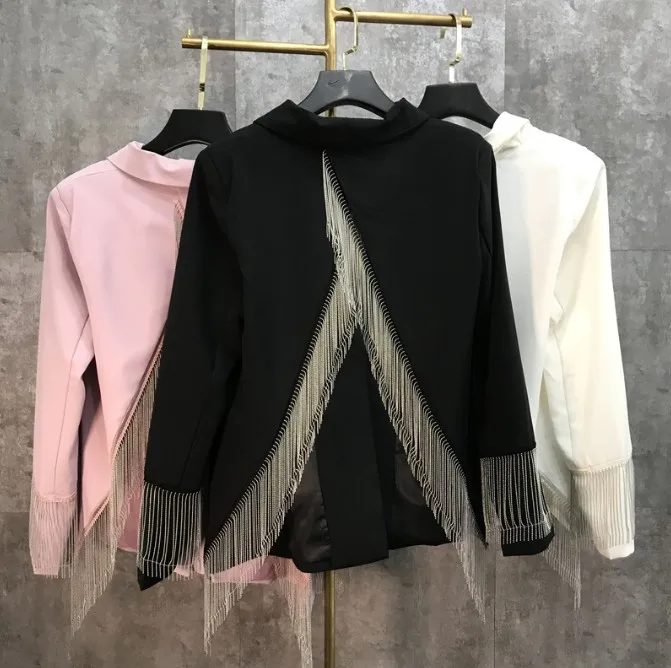 Spring 2019 New Metal Tassel Chain OL Small Suit Jacket Pure Color Women Sexy Back Open One Button Blazer Coat Slim Jackets
Spring 2019 New Metal Tassel Chain OL Small Suit Jacket Pure Color Women Sexy Back Open One Button Blazer Coat Slim Jackets
