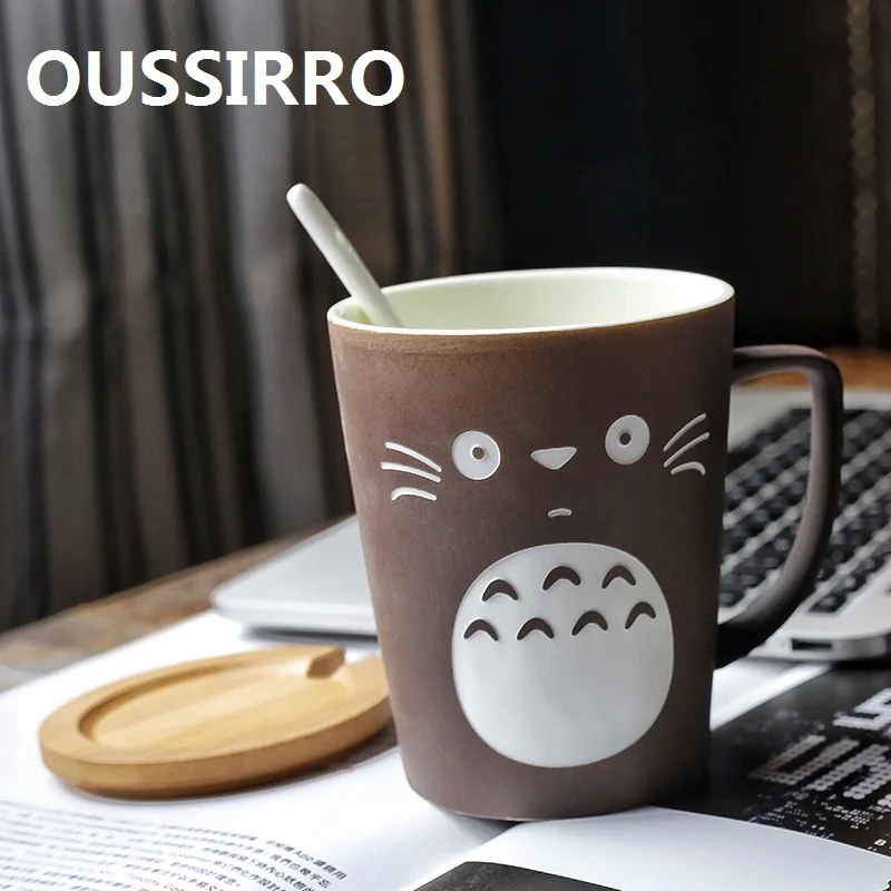 OUSSIRRO Totoro Theme Milk / Coffee Mugs With Cover and Spoon Pure Color Mugs Cup Kitchen Tool Gift