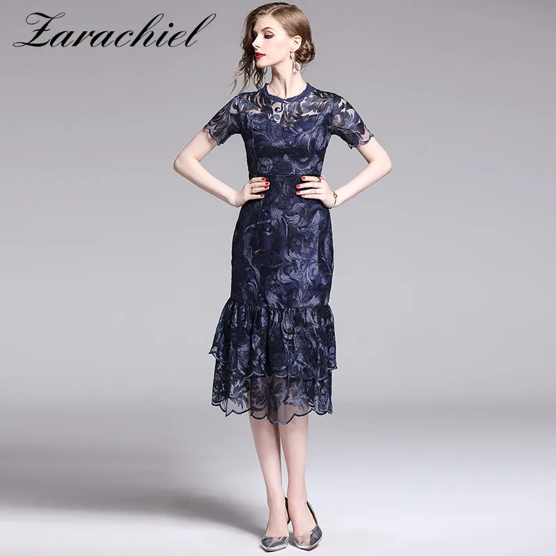 Vintage Flower Embroidery Lace Mesh Dress Women Summer Short Sleeve Ruffles Runway Casual Party Navy Blue Midi Mermaid Dresses
Vintage Flower Embroidery Lace Mesh Dress Women Summer Short Sleeve Ruffles Runway Casual Party Navy Blue Midi Mermaid Dresses