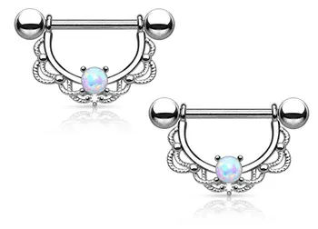 

Pair of Opal Centered Filigree Drop Nipple Rings Barbell Barbells 316L Stainless Steel 14G - Sold as a Pair