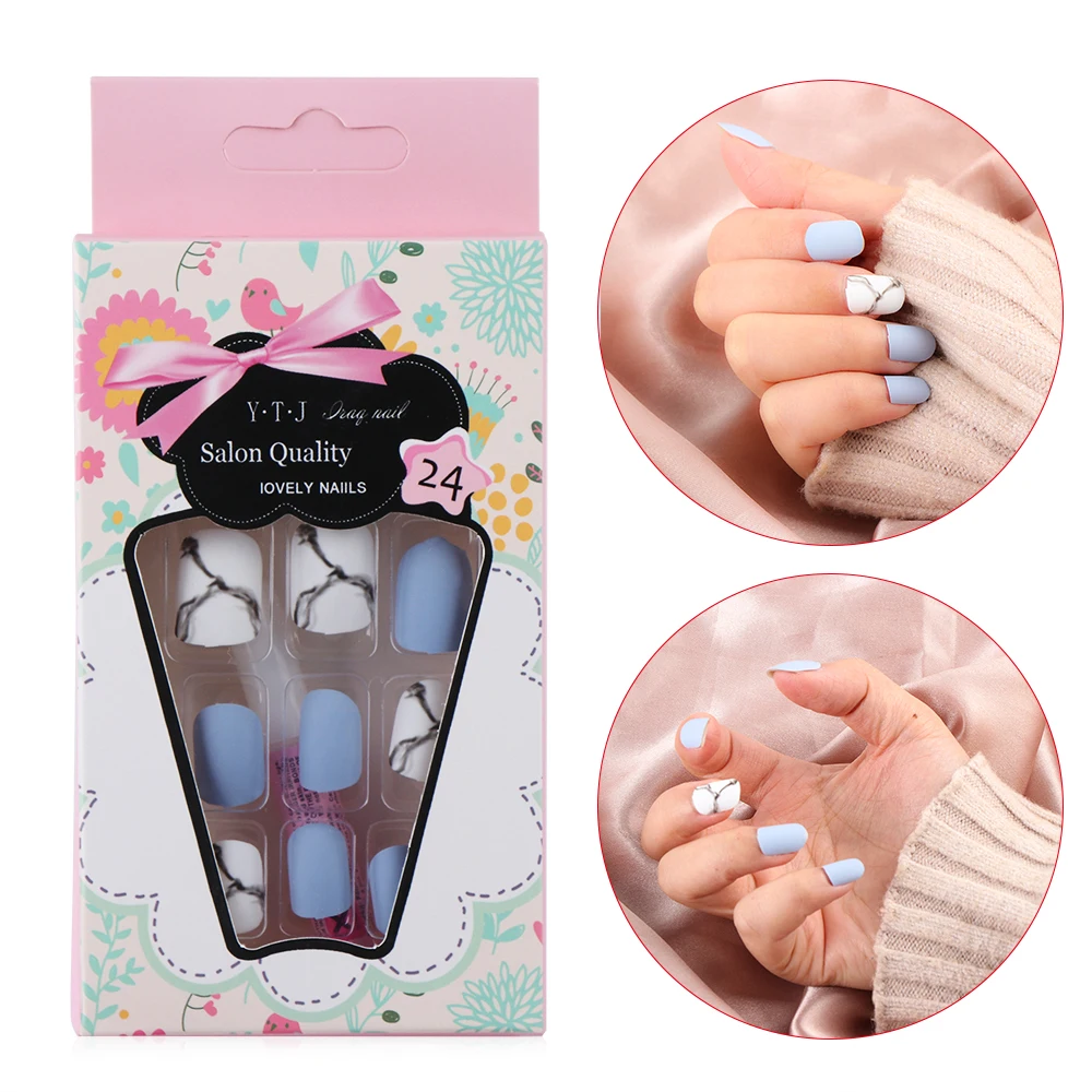 24Pcs/set White Light Blue Fake Nail Frost Matte Marble Square Artificial Nail Art Tips with Glue Sticker Home Faux Nails Art
24Pcs/set White Light Blue Fake Nail Frost Matte Marble Square Artificial Nail Art Tips with Glue Sticker Home Faux Nails Art