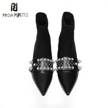 Prova Perfetto Elegant Pearl Clasp Sock Boots Slip On Elastic Stiletto Boot Real Leather Patchwork Point Toe Women Short Boots
Prova Perfetto Elegant Pearl Clasp Sock Boots Slip On Elastic Stiletto Boot Real Leather Patchwork Point Toe Women Short Boots