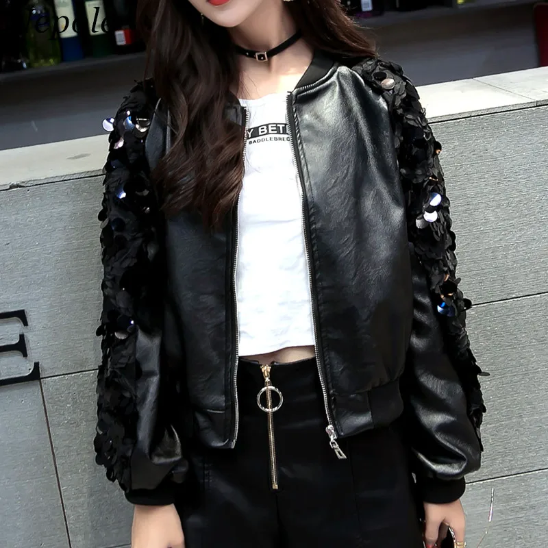 Neploe Sequined Patchwork Women PU Jacket Pocket Zipper Faux Leather Female Coat 2019 Spring Autumn New Fashion Outwear 69583
Neploe Sequined Patchwork Women PU Jacket Pocket Zipper Faux Leather Female Coat 2019 Spring Autumn New Fashion Outwear 69583