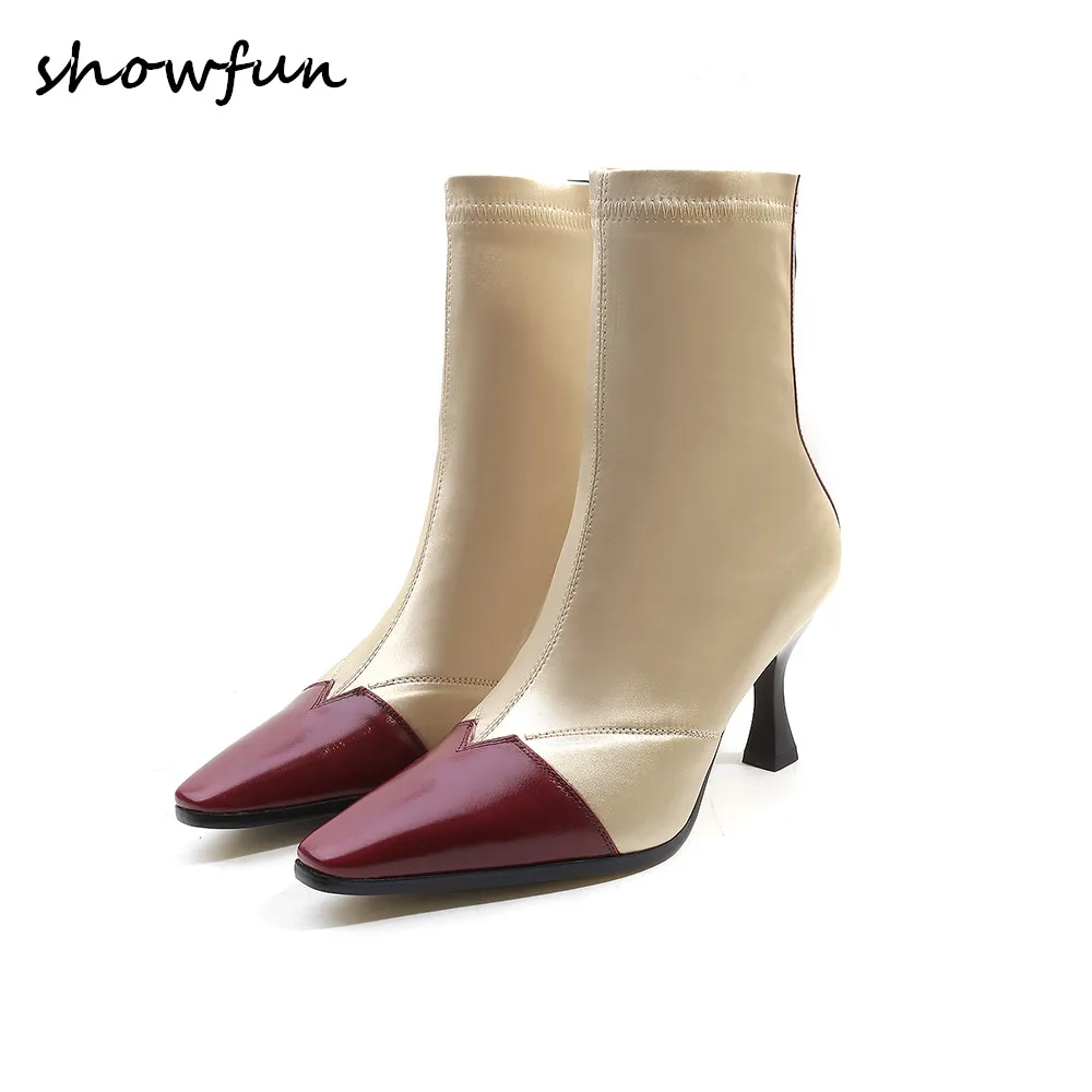 3 Color plus size women's genuine leather fabric patchwork thin high heel autumn short ankle boots brand designer elegant shoes
3 Color plus size women's genuine leather fabric patchwork thin high heel autumn short ankle boots brand designer elegant shoes