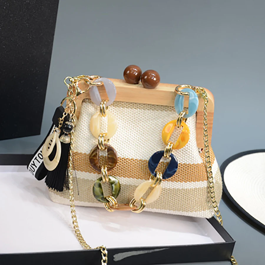 Wooden Clip Canvas Handbag Acrylic Chain Stripe Shoulder Bags Fashion Women Crossbody Bag Elegant Banquet Small Bags Phone Purse
Wooden Clip Canvas Handbag Acrylic Chain Stripe Shoulder Bags Fashion Women Crossbody Bag Elegant Banquet Small Bags Phone Purse