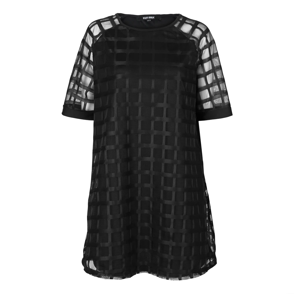 Kissmilk Women Plus Size Checkered Pattern O Neck Sheer Mesh Shirt Dress Shift Dress OL Vintage Party Big Size Dress 5XL 6XL 16