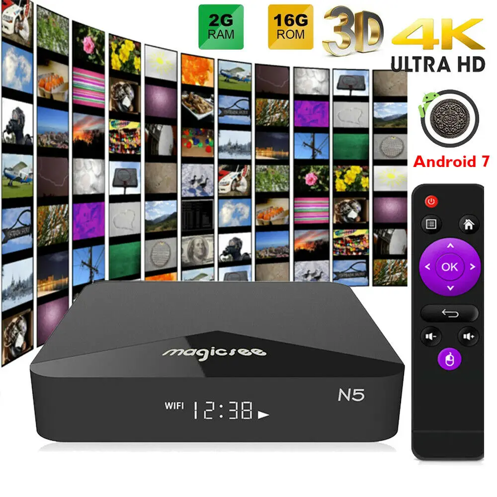 N5 Smart TV Box Android 7.1.2 Amlogic S905X Mali 450 2GB 16GB Set Top Box 2.4G Wifi 4K H.265 Bluetooth Media Player
N5 Smart TV Box Android 7.1.2 Amlogic S905X Mali 450 2GB 16GB Set Top Box 2.4G Wifi 4K H.265 Bluetooth Media Player
