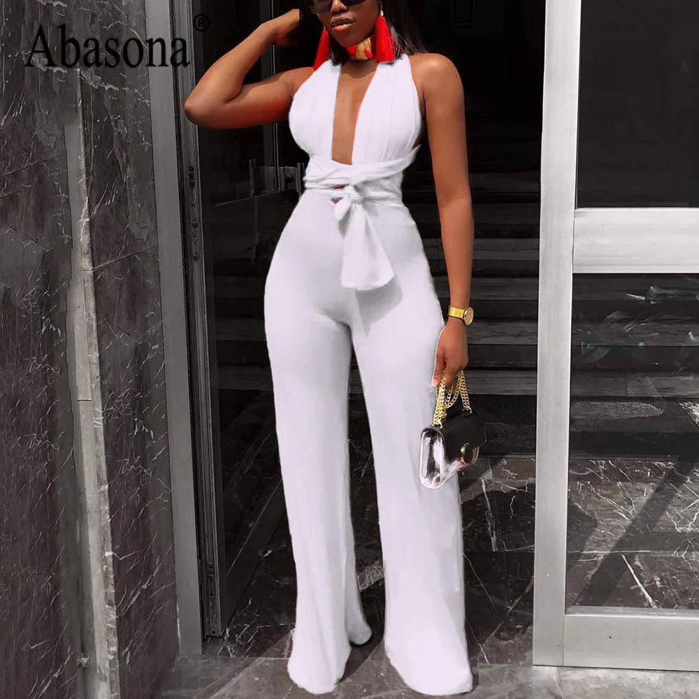 

Abasona Sexy Lace Up Halter Black White Rompers Womens Jumpsuit Long Pants Deep V Neck Sleeveless Party Woman Jumpsuits Overalls