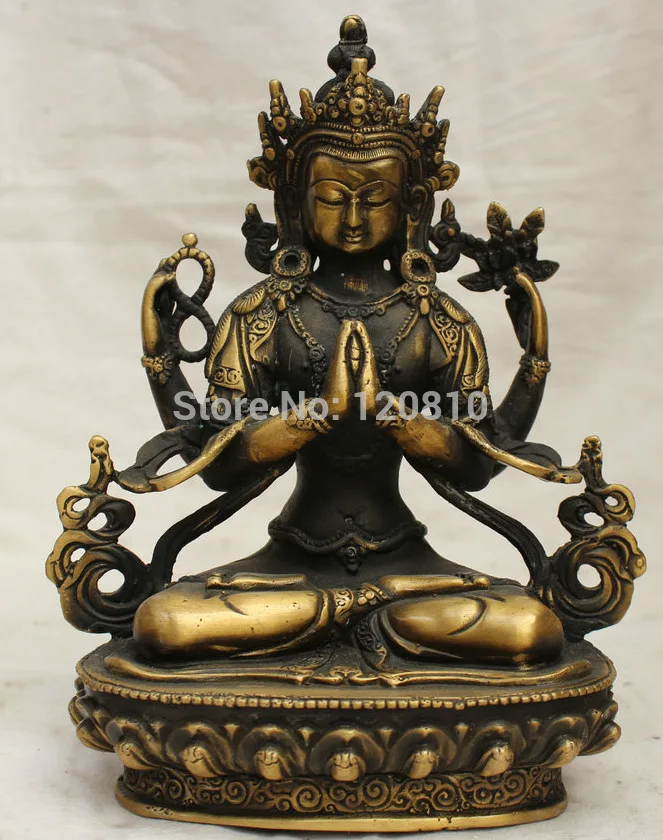 8" Tibet Budhdism Copper Seat 4 arms Chenrezig Buddha Avalokiteshvara Statue
