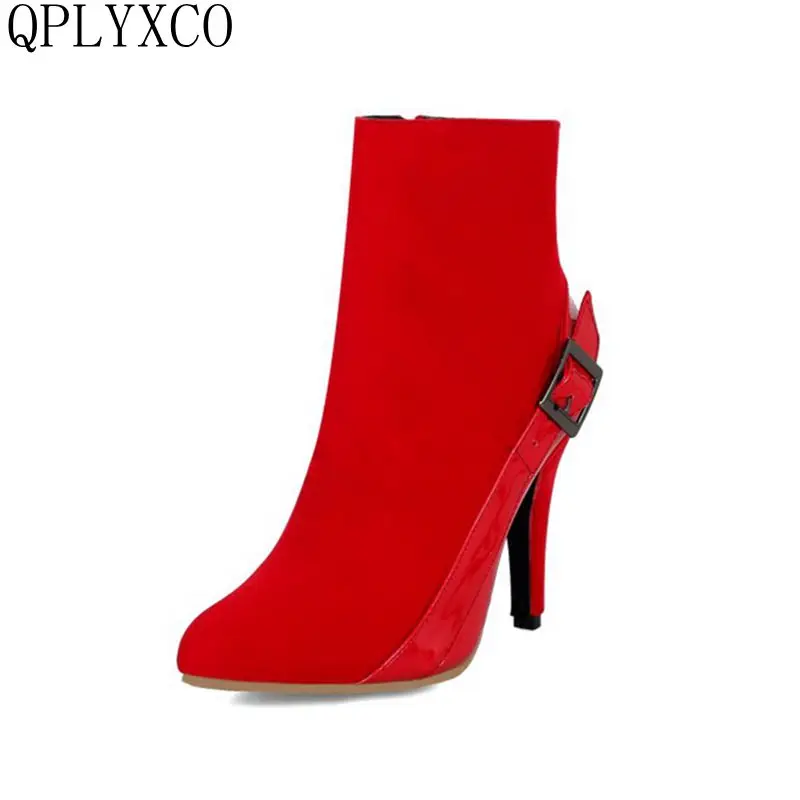 

QPLYXCO Sweet Fashion Small & Big Size 28-52 Flock Warm New Boot Women Zipper High Heels Wedding Shoes Woman Ankle Boots Y123