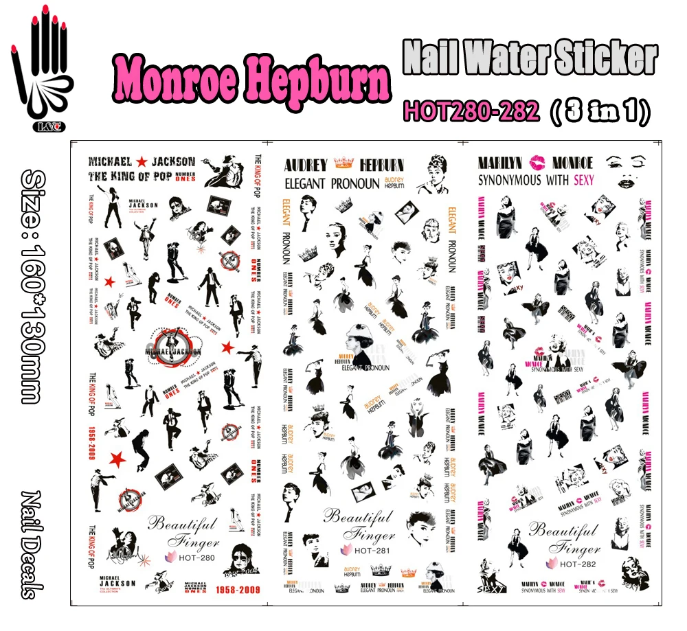 3 Sheets/Lot Nail HOT280-282 Black Monroe Hepburn Nail Art Wrap Water Transfer Sticker for Nail Art Decorations (3 DESIGNS IN 1)
3 Sheets/Lot Nail HOT280-282 Black Monroe Hepburn Nail Art Wrap Water Transfer Sticker for Nail Art Decorations (3 DESIGNS IN 1)