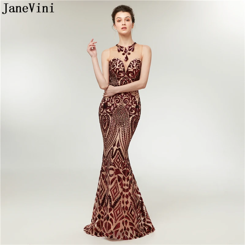 

JaneVini Bling Sequined Long Bridesmaid Dresses Plus Size Sexy Mermaid O Neck Sheer Back Women Wedding Party Dress Floor Length