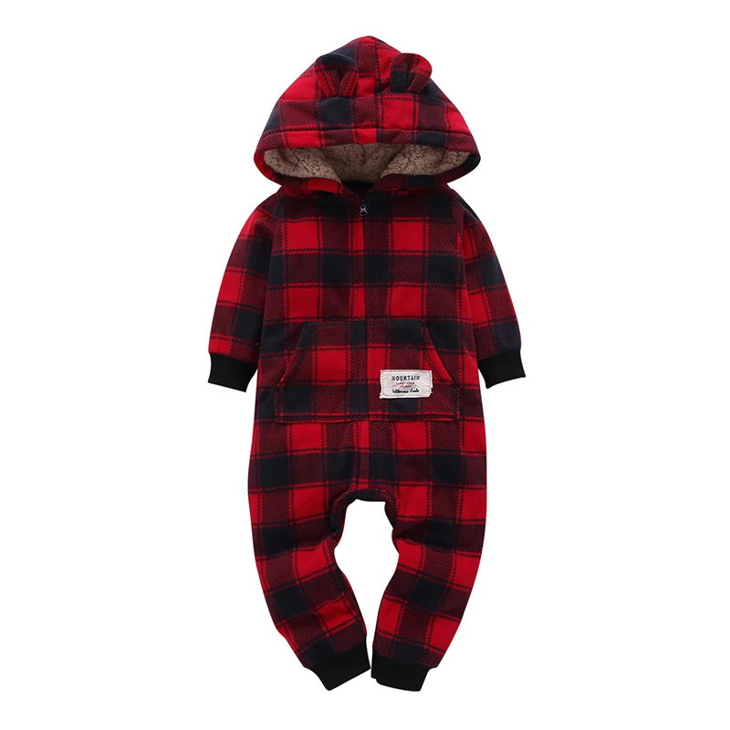 Free shipping 2018 kid boys Long Sleeve Hooded Fleece jumpsuit red plaid casual style Newborn Boy winter one piece clothes 0-24m