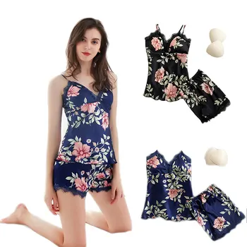 Sexy Lace Satin Pajama Set Sleepwear Women Summer Pyjama Femme Fashion Flower Pajamas for Women with Chest Pad Lounge Pijama Set
Sexy Lace Satin Pajama Set Sleepwear Women Summer Pyjama Femme Fashion Flower Pajamas for Women with Chest Pad Lounge Pijama Set