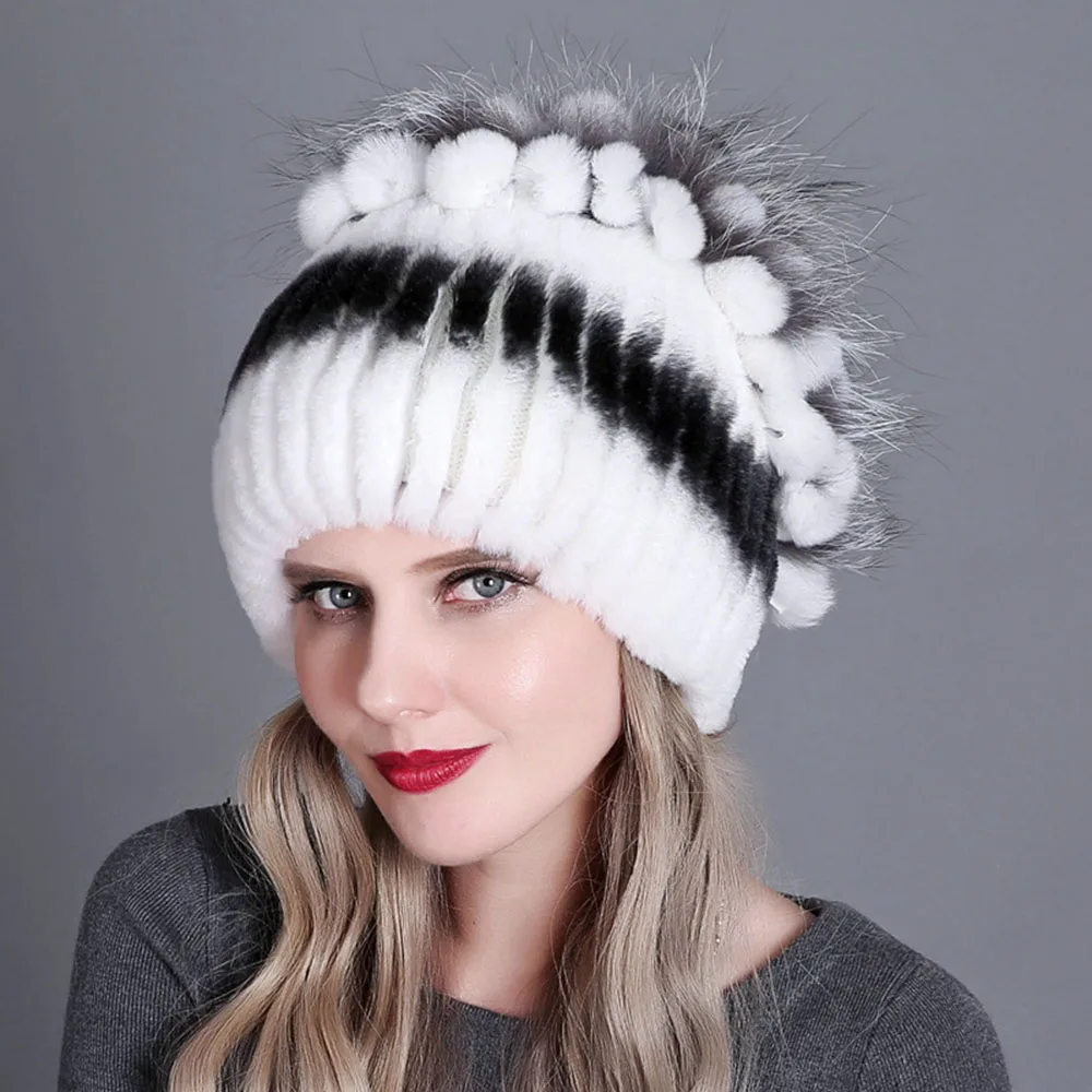 European Winter Women Hat Genuine Rex Rabbit Fur Skullie Lady Beanie Fashion Striped Head Top Warm Fox Fur Cotton Yarn Knit Caps
European Winter Women Hat Genuine Rex Rabbit Fur Skullie Lady Beanie Fashion Striped Head Top Warm Fox Fur Cotton Yarn Knit Caps