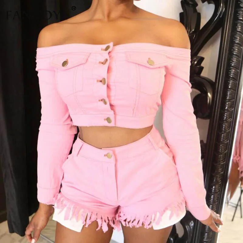 Fantoye Two Piece Set Tasse Jean Crop Top Shorts Sexy Off Shoulder Pockets Button Tracksuit Long Sleeve Casual Women Denim Suit
Fantoye Two Piece Set Tasse Jean Crop Top Shorts Sexy Off Shoulder Pockets Button Tracksuit Long Sleeve Casual Women Denim Suit