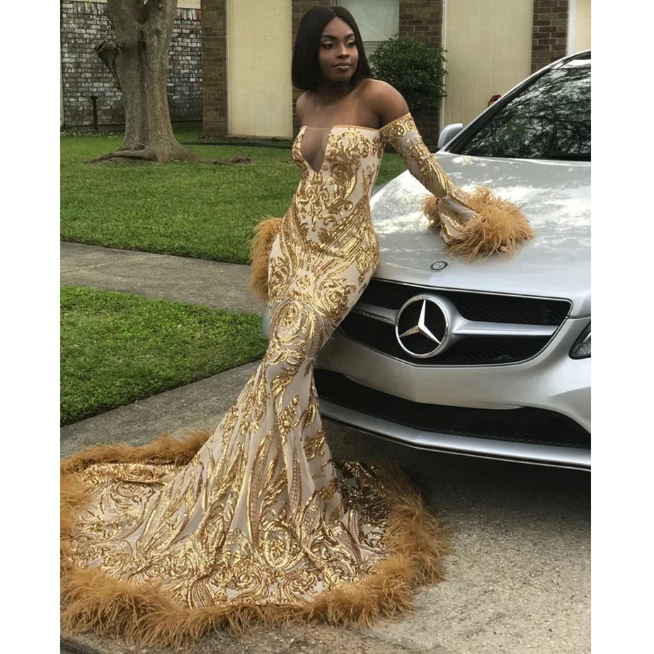 Фото 2019 Gold Feathers Prom Dresses Mermaid Off The Shoulder Sweep Train African Black Girls Party Gowns Plus Size DP0495 | Свадьбы и