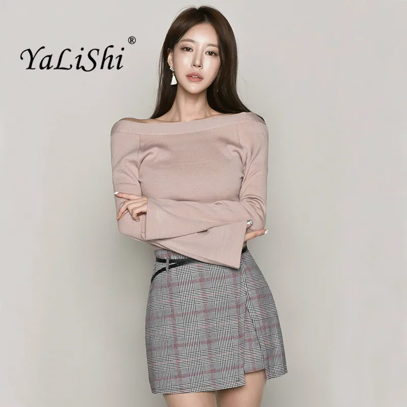 2 Piece Set Autumn Women Solid Full Flare Sleeve Slash Neck Casual Top and Gray Modis Party Plaid Mini Skirt 2018 Two Piece Set
2 Piece Set Autumn Women Solid Full Flare Sleeve Slash Neck Casual Top and Gray Modis Party Plaid Mini Skirt 2018 Two Piece Set