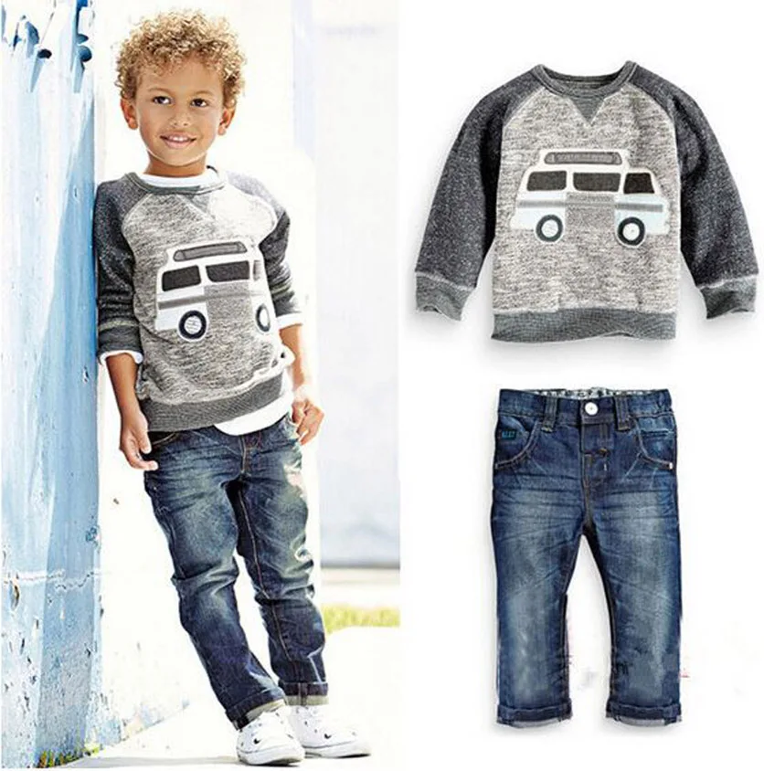 children set boys suit autumn outfit Americal Bus style cartoon long sleeve t-shirt + jeans boys clothes retail YAZ090