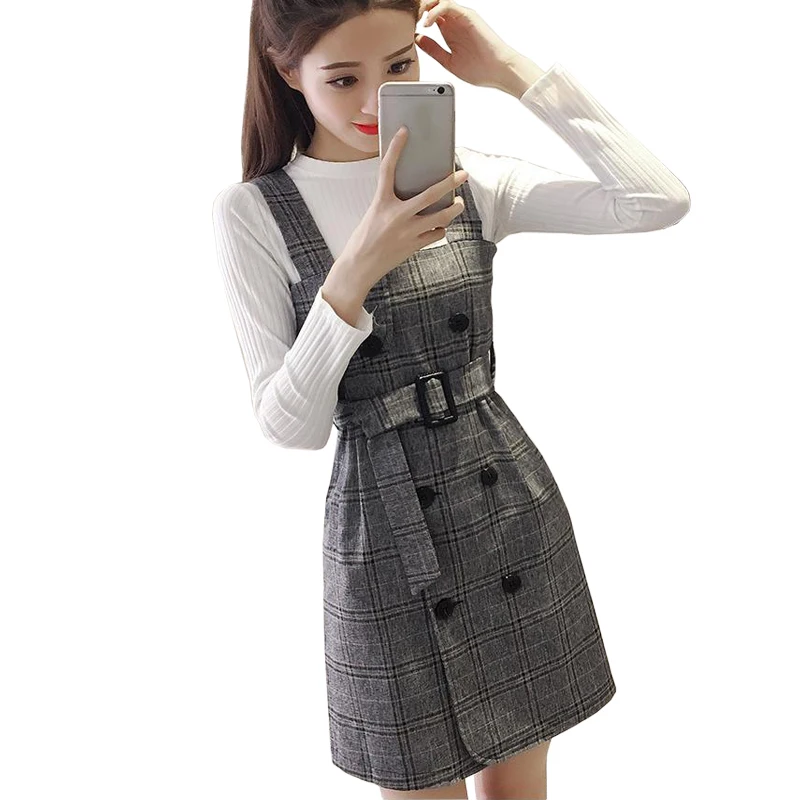 Autumn 2 Piece Set Woolen Suspender Strap Dress + Knitted T-Shirt Top Women Sets Korean Retro Plaid Sash Sundress two piece set
Autumn 2 Piece Set Woolen Suspender Strap Dress + Knitted T-Shirt Top Women Sets Korean Retro Plaid Sash Sundress two piece set