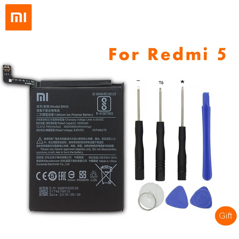 Original XiaoMi Battery For Xiaomi Redmi 5 5.7" Replacement Battery BN35 3200mAh High Capacity Mobile Phone Batteries + Tools
Original XiaoMi Battery For Xiaomi Redmi 5 5.7" Replacement Battery BN35 3200mAh High Capacity Mobile Phone Batteries + Tools