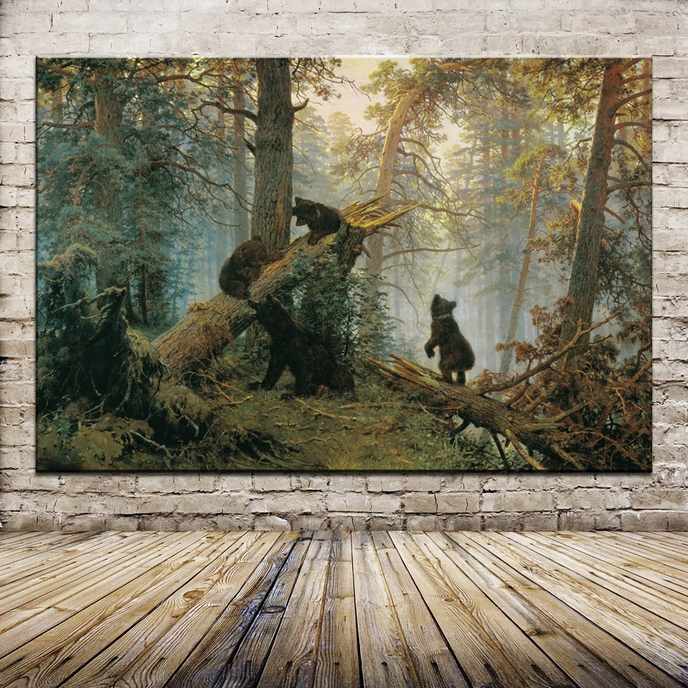 

Free Shipping Morning In A Pine Forest Bear by Ivan Ivanovich Shishkin Oil Painting Spray painting On Cotton Wall Art Home Decor