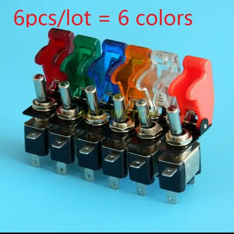 6 sets/lot = 6 colors/lot 12V 20A Illuminated LED Toggle Switch Control ON/OFF + Aircraft Missile Style Flip Up Cover
6 sets/lot = 6 colors/lot 12V 20A Illuminated LED Toggle Switch Control ON/OFF + Aircraft Missile Style Flip Up Cover